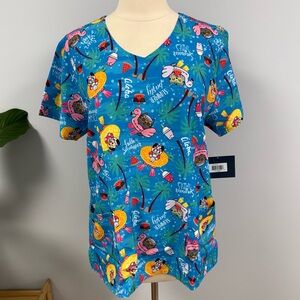 NWT Zoe Chloe Summer Vibes Scrub Top Blue Beach Party Cats Dogs Novelty Scrubs